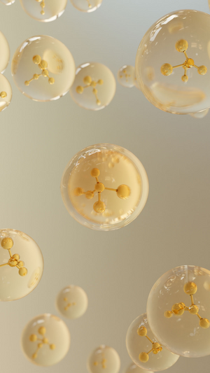 Durchscheinende Kugeln mit gelben Molekülstrukturen schweben vor einem hellen, neutralen Hintergrund und erzeugen einen wissenschaftlichen und abstrakten visuellen Effekt.