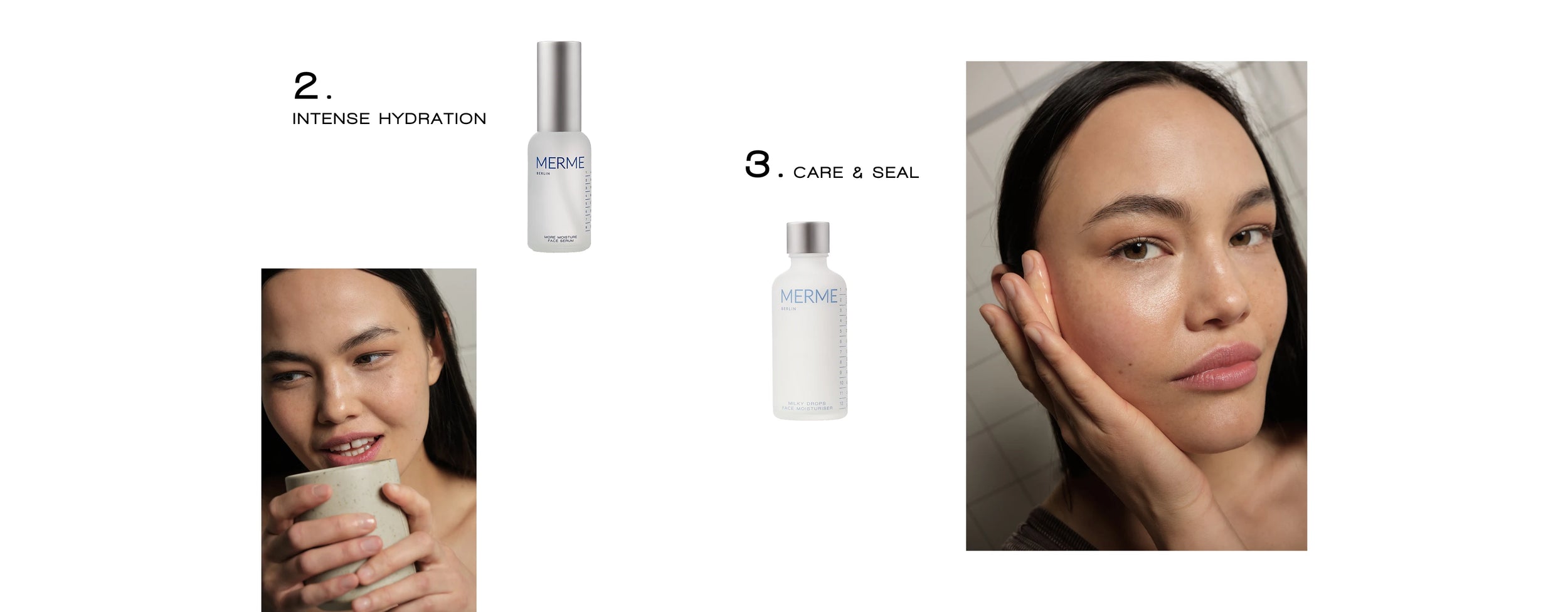 Eine Frau mit glatter Haut verwendet Hautpflegeprodukte mit den Bezeichnungen „Intense Hydration“ und „Care & Seal“ der Marke Memme. Sie ist zu sehen, wie sie eine Tasse hält und sanft ihr Gesicht berührt.