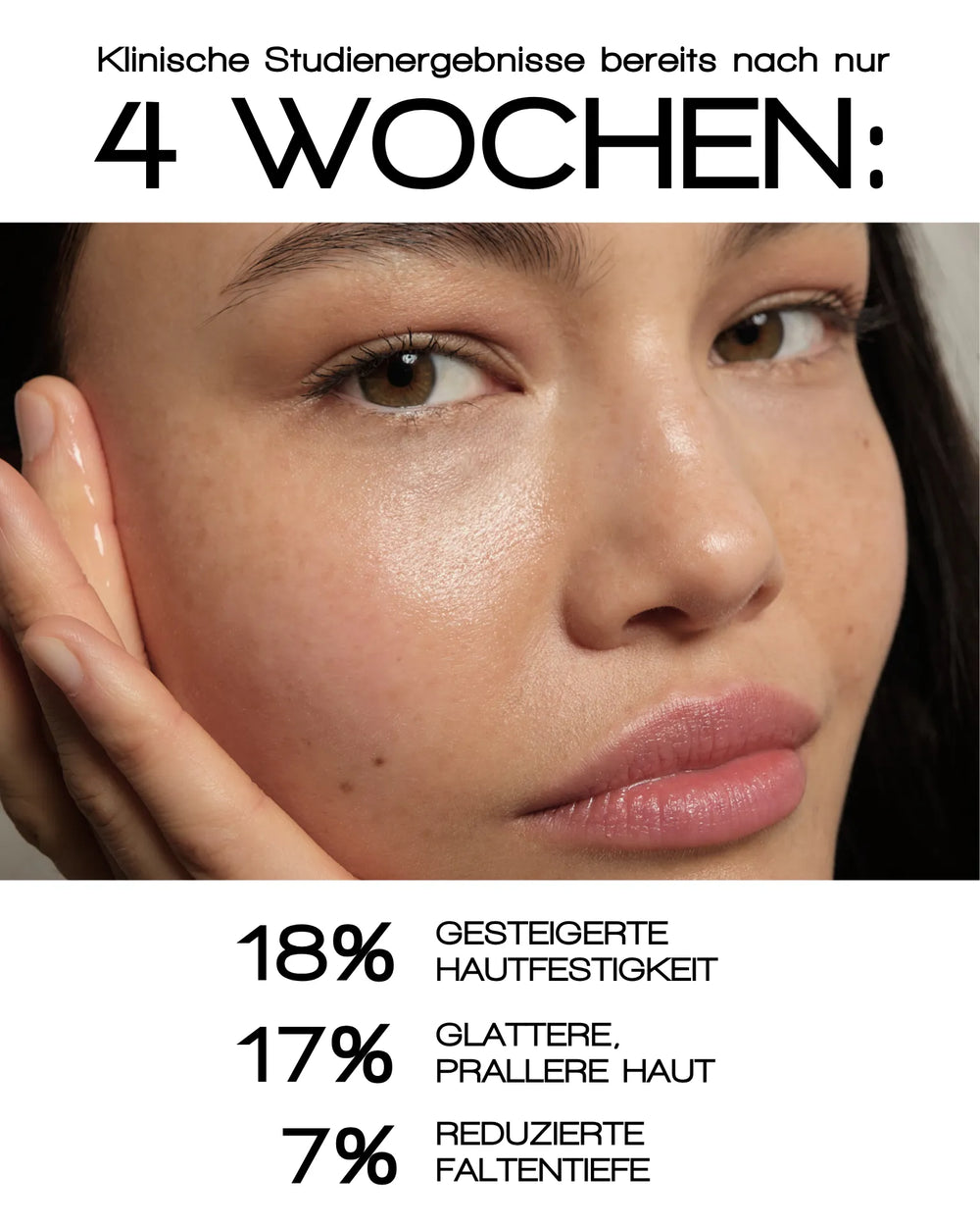 Nahaufnahme des Gesichts einer Frau. Die Haut ist glatt und strahlend. Der deutsche Text hebt die 4-wöchigen Hautpflegeergebnisse mit dem MERME Berlin MORE MOISTURE FACE SERUM hervor: 18 % mehr Feuchtigkeit, 17 % glattere Haut und 7 % weniger Faltentiefe.