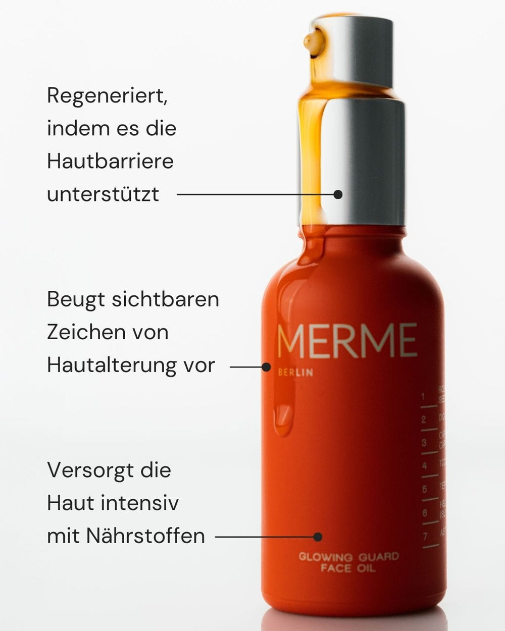 Eine rot-orangefarbene Flasche MERME Berlin Glowing Guard Face Oil mit goldener Pumpe, abgebildet mit deutschem Text, der die Vorteile hervorhebt: unterstützt die Hautregeneration, reduziert die sichtbaren Zeichen der Hautalterung und nährt die Haut für einen natürlichen Glow.