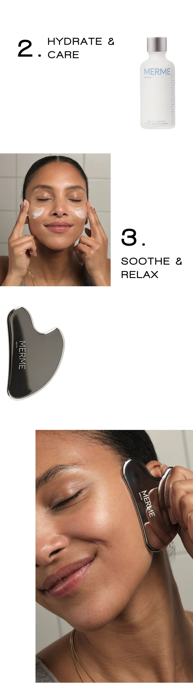 Eine Frau trägt Serum auf ihr Gesicht auf und verwendet dann ein schwarzes Gua-Sha-Werkzeug auf ihrer Wange. Der Text lautet „2. Hydratisieren und pflegen“ mit einer Serumflasche und „3. Beruhigen und entspannen.“.