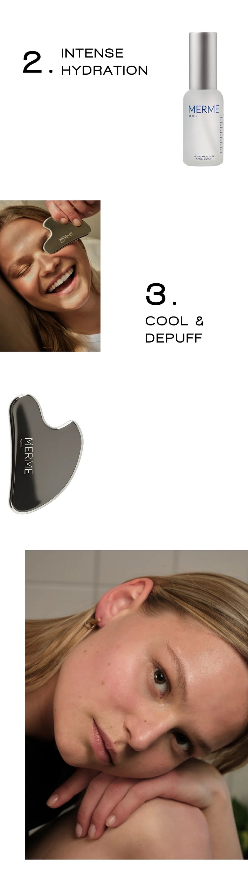 Eine Schritt-für-Schritt-Anleitung zur Hautpflegeroutine, die eine Flasche mit feuchtigkeitsspendendem Serum, eine lächelnde Frau, die ein Gua-Sha-Werkzeug im Gesicht verwendet, eine Nahaufnahme des schwarzen Gua-Sha-Werkzeugs und eine weitere Nahaufnahme der erfrischten Haut der Frau zeigt.