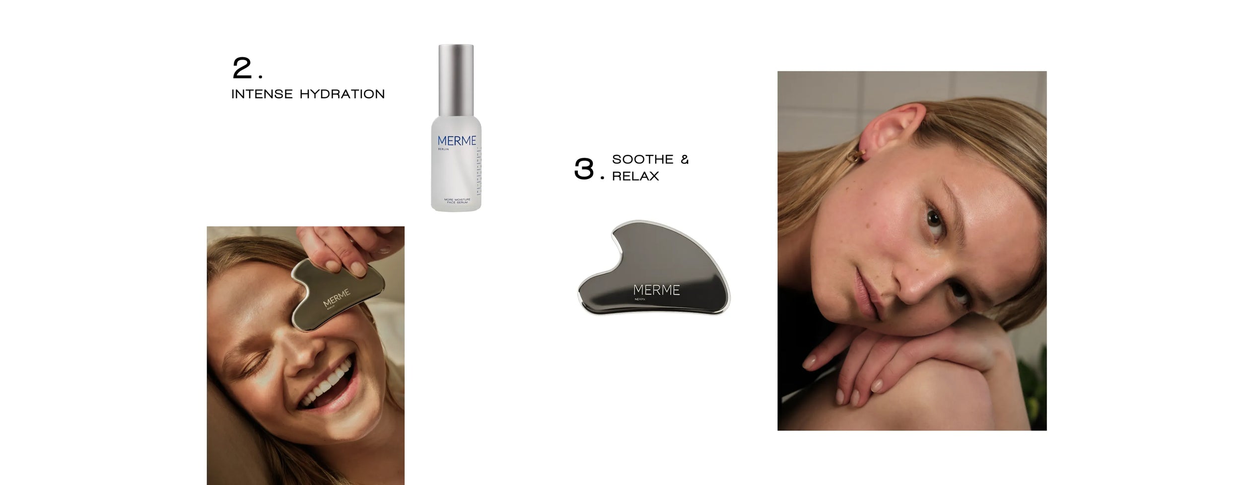 Eine Frau benutzt lächelnd ein Gua-Sha-Gerät aus Metall im Gesicht. Zu sehen ist eine Flasche Hautpflegeserum mit der Aufschrift „MERVE“ und den Texten „2. INTENSIVE HYDRATION“ und „3. BERUHIGEN & ENTSPANNEN“. Ein weiteres Bild zeigt sie beim Entspannen mit dem Gerät.