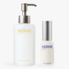 Das Pflege-Duo CLEANSE & CLARIFY von MERME Berlin: ein sanfter Gesichtsreiniger für empfindliche Haut und ein Niacinamid-Serum zur Verfeinerung der Poren, beide in eleganten weißen Flaschen mit silbernen Details.