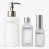 Drei MERME Berlin CLEANSE, HYDRATE & CLEAR Produkte sind auf weißem Hintergrund abgebildet: eine Pumpflasche, eine Flasche und eine kleine Flasche.