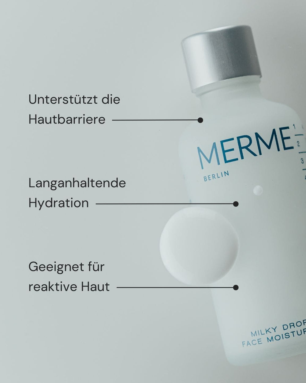 Eine mattierte Flasche mit der Aufschrift "MERME Berlin" enthält Milky Drops Face Moisturiser, der lang anhaltende Feuchtigkeit spendet und die Hautbarriere für reaktive Haut unterstützt. Ein weißer Tropfen der Feuchtigkeitscreme ist neben der Flasche platziert.