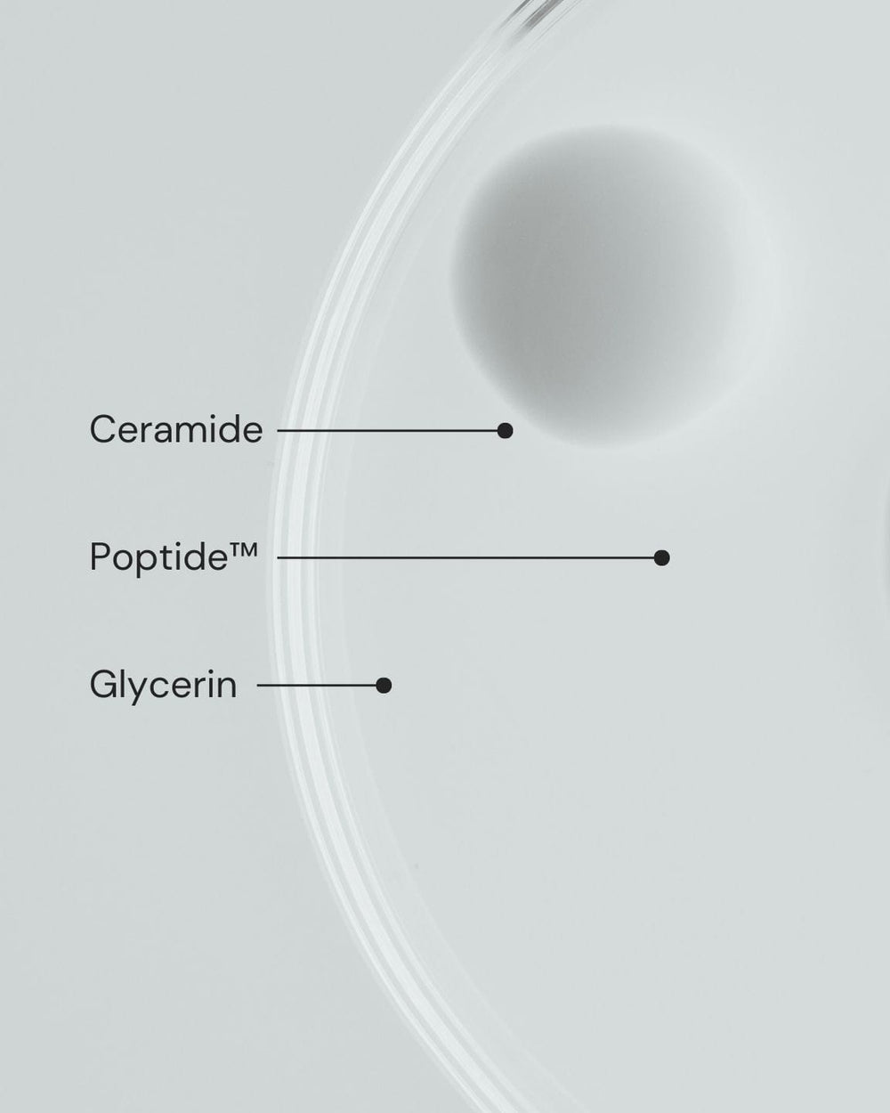 Ein minimalistisches Bild zeigt drei beschriftete Punkte: Ceramide, Peptide™ und Glycerin - die wichtigsten Inhaltsstoffe der Milky Drops Face Moisturiser von MERME Berlin - sind durch schwarze Punkte und Linien auf einem weichen, abstrakten hellgrauen Hintergrund gekennzeichnet.