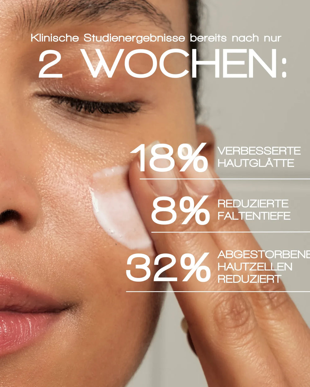 Nahaufnahme einer Frau, die MERME Berlin MILKY DROPS FACE MOISTURISER aufträgt. Deutscher Text enthüllt Hautpflegestudie: Nach 2 Wochen verbesserte sich die Hautglätte um 18 %, die Faltentiefe verringerte sich um 8 % und abgestorbene Hautzellen nahmen um 32 % ab.