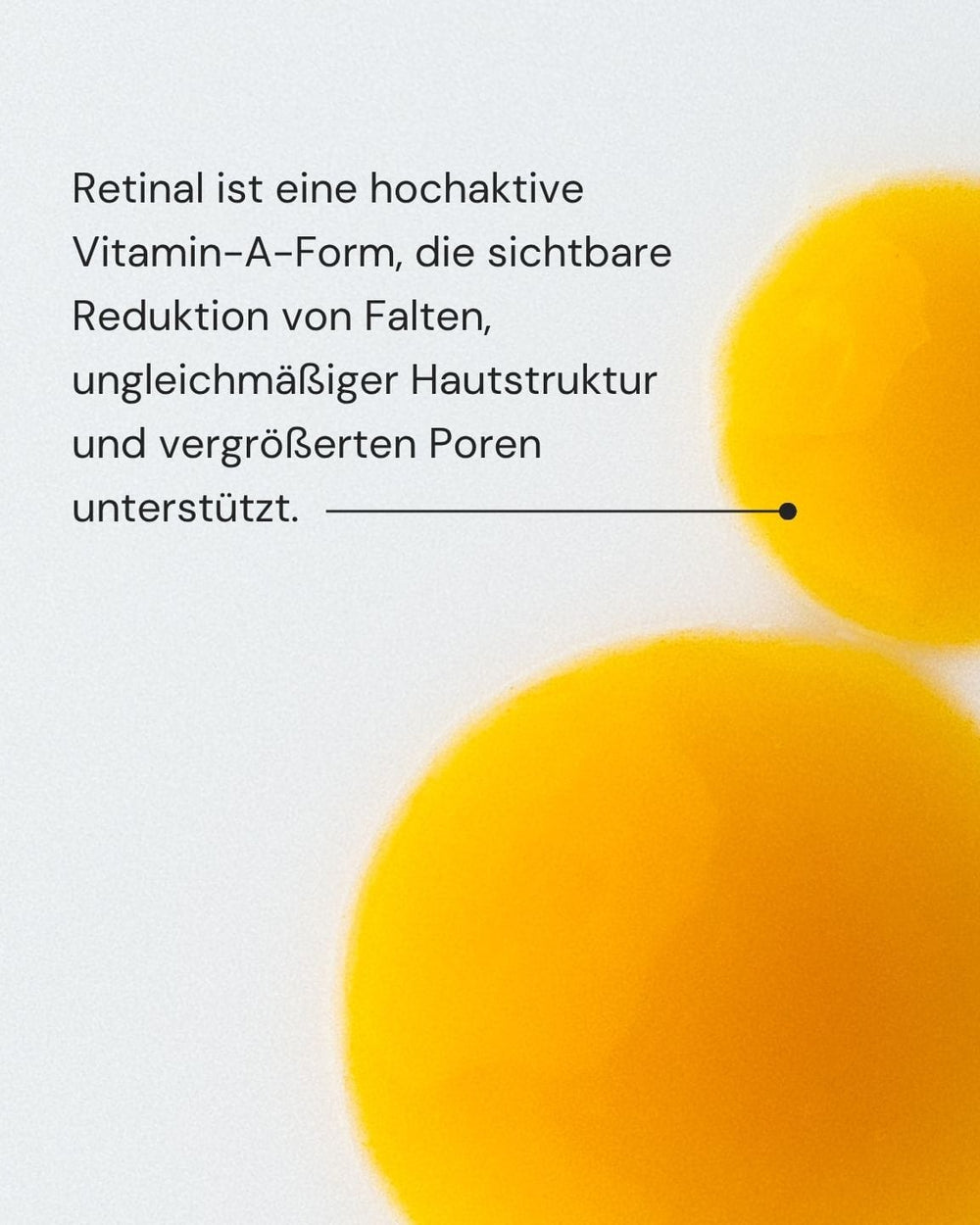 Das MERME Berlin New by Morning Retinal Face Serum zeigt auf weißem Hintergrund zwei gelb-orangefarbene Kreise mit schwarzer Beschriftung: der größere mit "Retinaldehyd" und der kleinere mit "Glycerin".