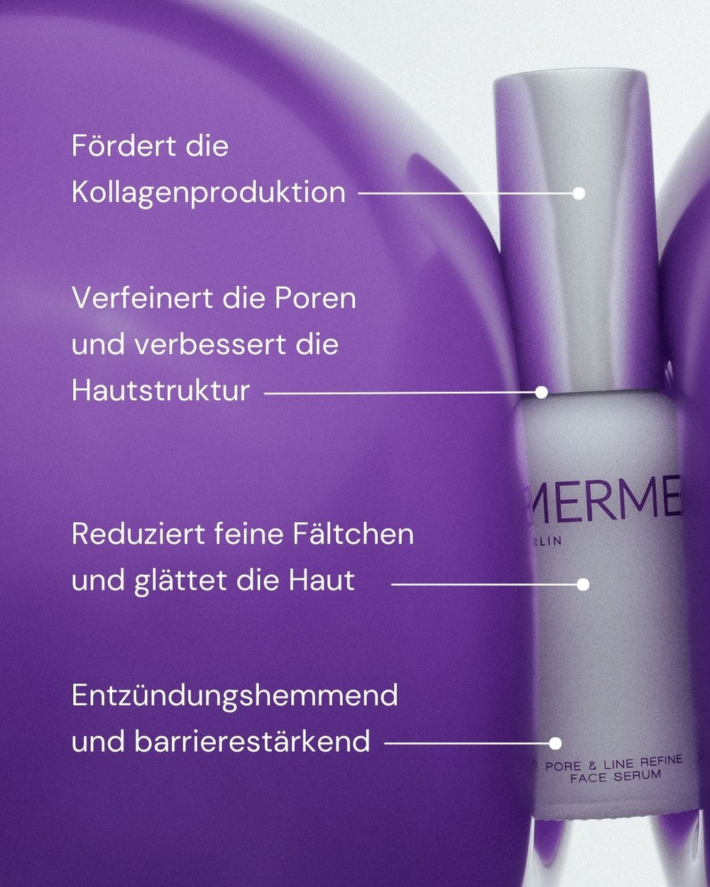 Eine weiße MERME Berlin Serumflasche mit der Aufschrift "PORE & LINE REFINE FACE SERUM" steht zwischen zwei großen lila Kugeln. Der deutsche Text hebt die Vorteile des Bakuchiol-Serums hervor: Unterstützung von Kollagen, Verfeinerung der Poren, Faltenreduktion und Unterstützung der Hautbarriere.